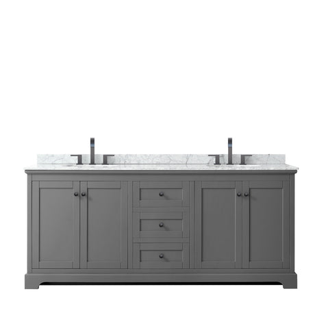 Avery 80 Inch Double Bathroom Vanity in Dark Gray White Carrara Marble Countertop Undermount Oval Sinks Matte Black Trim