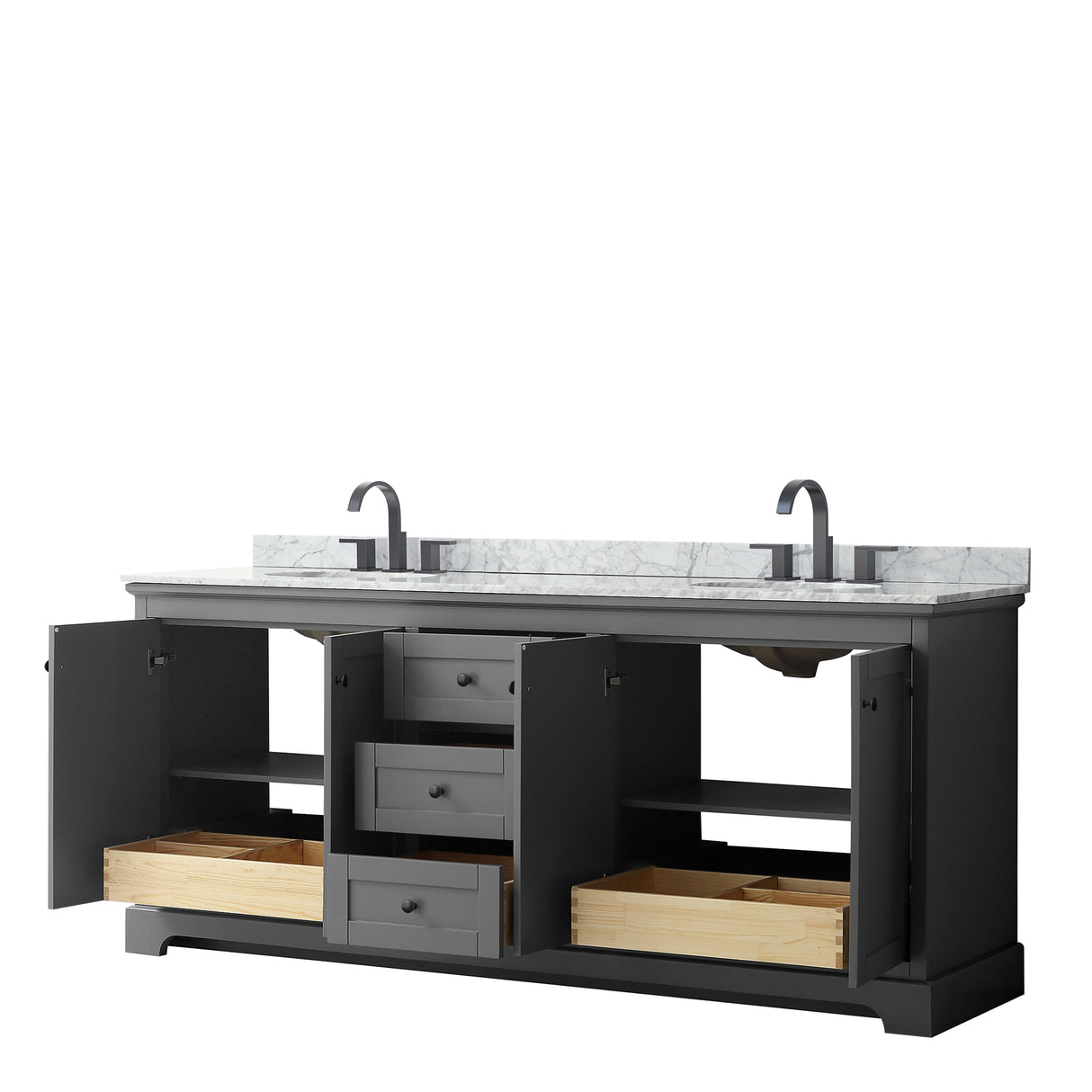 Avery 80 Inch Double Bathroom Vanity in Dark Gray White Carrara Marble Countertop Undermount Oval Sinks Matte Black Trim