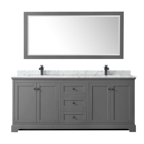 Avery 80 Inch Double Bathroom Vanity in Dark Gray White Carrara Marble Countertop Undermount Square Sinks Matte Black Trim 70 Inch Mirror