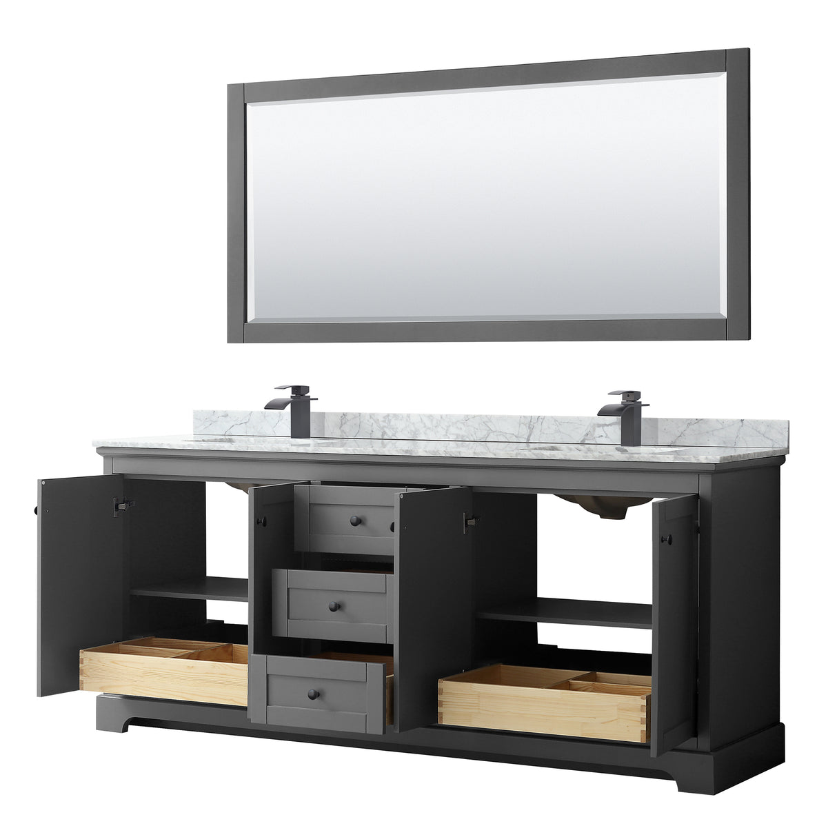 Avery 80 Inch Double Bathroom Vanity in Dark Gray White Carrara Marble Countertop Undermount Square Sinks Matte Black Trim 70 Inch Mirror
