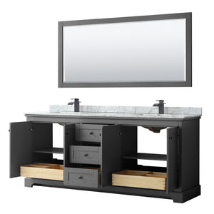 Avery 80 Inch Double Bathroom Vanity in Dark Gray White Carrara Marble Countertop Undermount Square Sinks Matte Black Trim 70 Inch Mirror