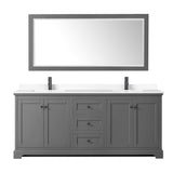 Avery 80 Inch Double Bathroom Vanity in Dark Gray White Cultured Marble Countertop Undermount Square Sinks Matte Black Trim 70 Inch Mirror