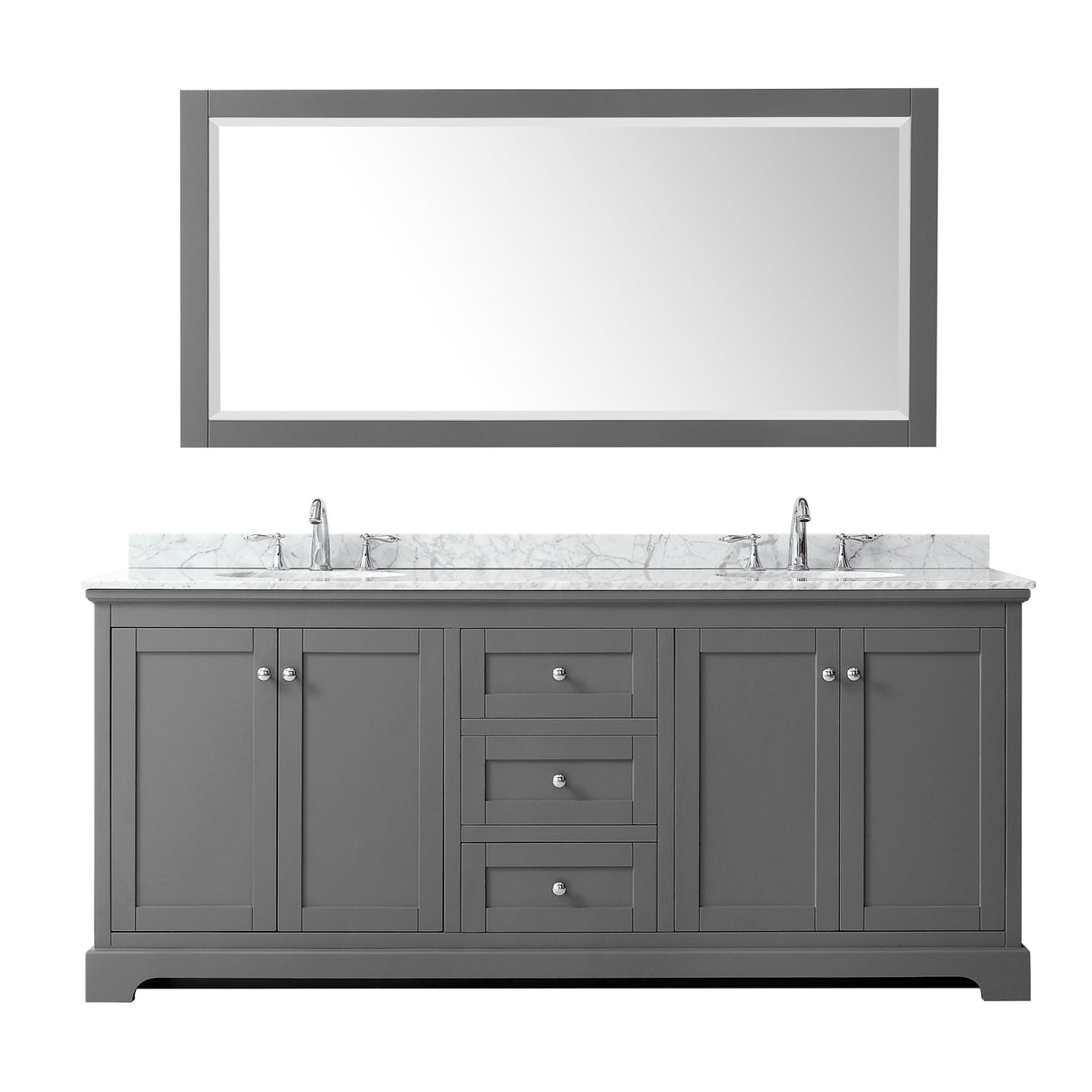 Avery 80 Inch Double Bathroom Vanity in Dark Gray White Carrara Marble Countertop Undermount Oval Sinks and 70 Inch Mirror