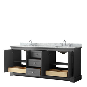 Avery 80 Inch Double Bathroom Vanity in Dark Gray White Carrara Marble Countertop Undermount Oval Sinks and No Mirror