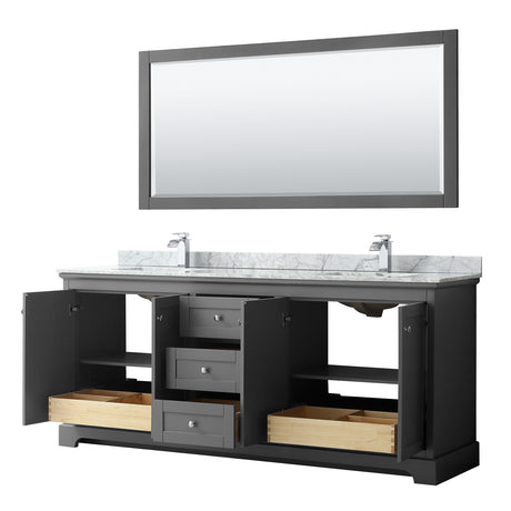 Avery 80 Inch Double Bathroom Vanity in Dark Gray White Carrara Marble Countertop Undermount Square Sinks and 70 Inch Mirror