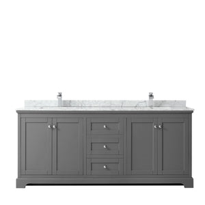 Avery 80 Inch Double Bathroom Vanity in Dark Gray White Carrara Marble Countertop Undermount Square Sinks and No Mirror