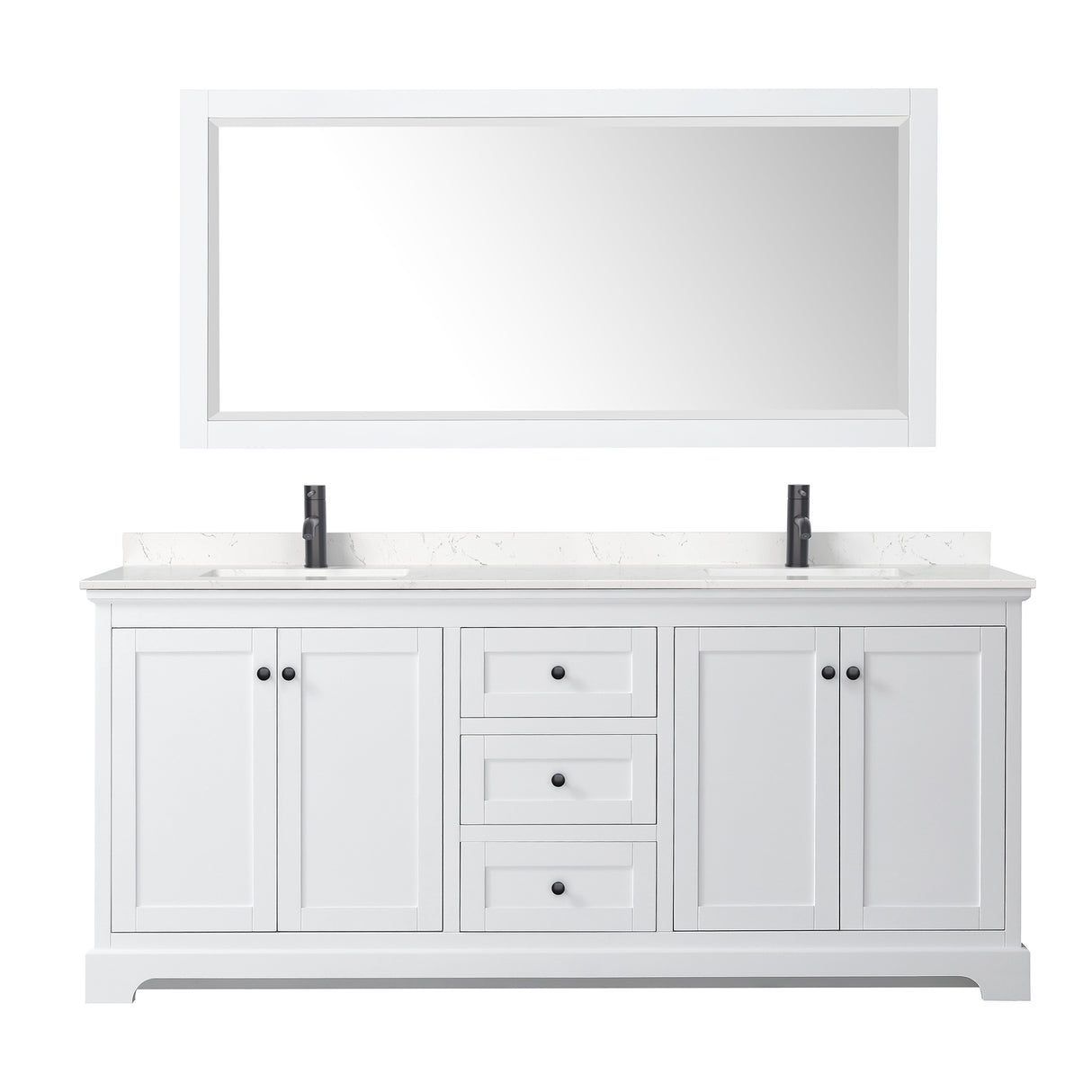 Avery 80 Inch Double Bathroom Vanity in White Carrara Cultured Marble Countertop Undermount Square Sinks Matte Black Trim 70 Inch Mirror