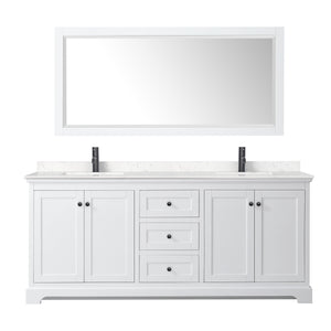 Avery 80 Inch Double Bathroom Vanity in White Carrara Cultured Marble Countertop Undermount Square Sinks Matte Black Trim 70 Inch Mirror