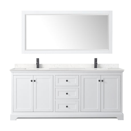 Avery 80 Inch Double Bathroom Vanity in White Carrara Cultured Marble Countertop Undermount Square Sinks Matte Black Trim 70 Inch Mirror