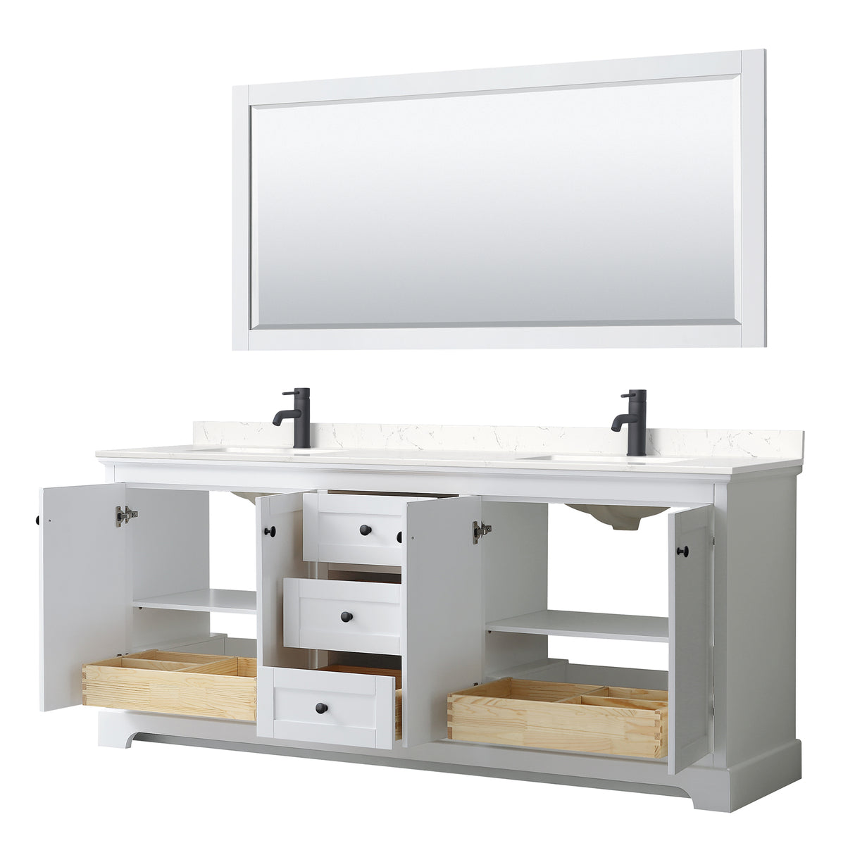 Avery 80 Inch Double Bathroom Vanity in White Carrara Cultured Marble Countertop Undermount Square Sinks Matte Black Trim 70 Inch Mirror