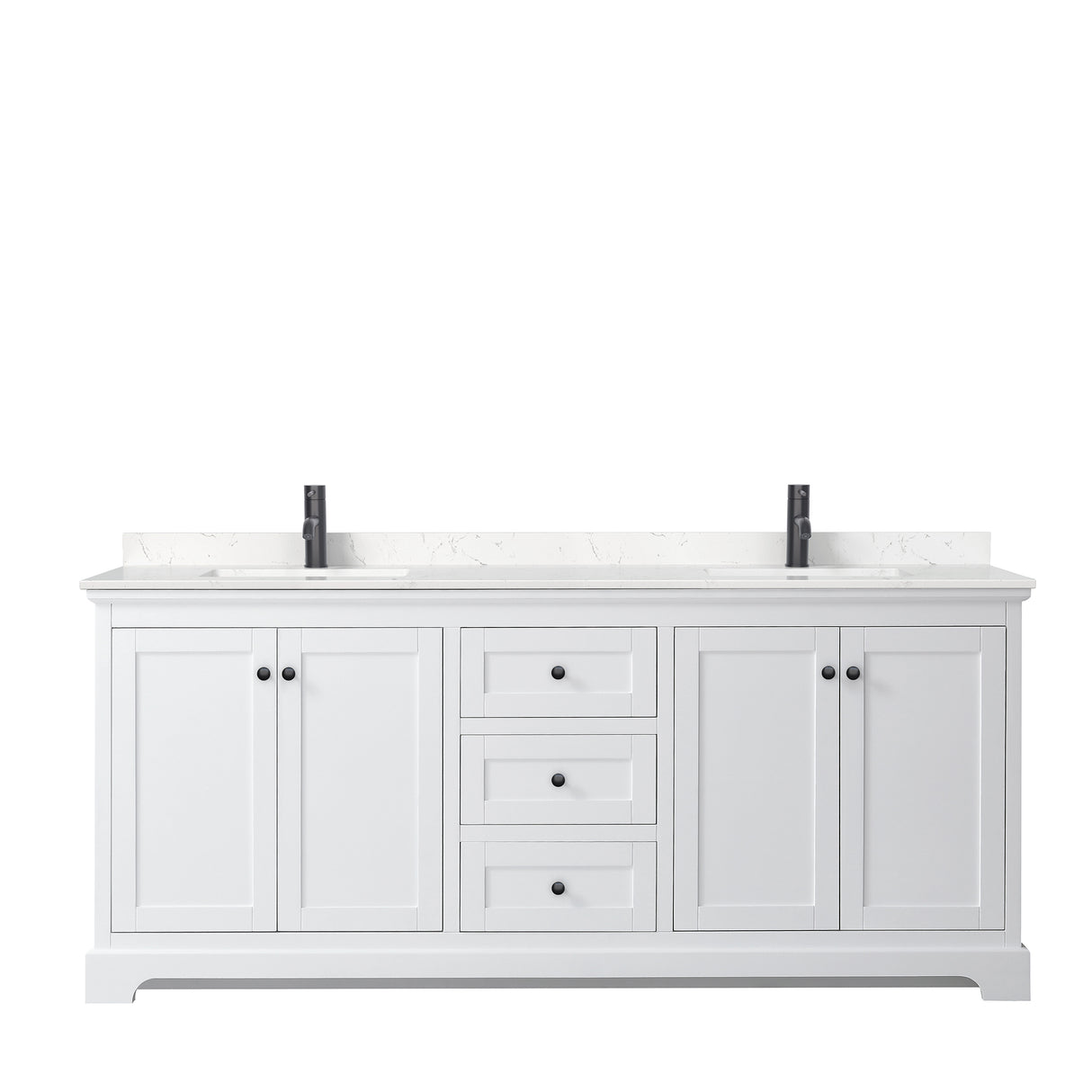 Avery 80 Inch Double Bathroom Vanity in White Carrara Cultured Marble Countertop Undermount Square Sinks Matte Black Trim