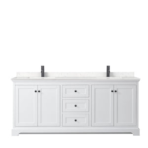 Avery 80 Inch Double Bathroom Vanity in White Carrara Cultured Marble Countertop Undermount Square Sinks Matte Black Trim