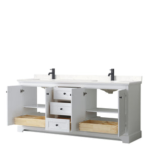 Avery 80 Inch Double Bathroom Vanity in White Carrara Cultured Marble Countertop Undermount Square Sinks Matte Black Trim