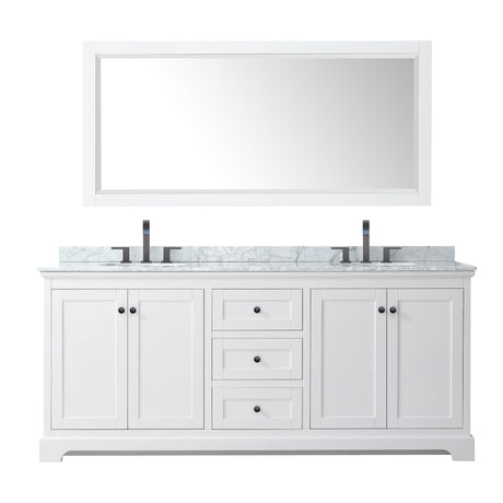Avery 80 Inch Double Bathroom Vanity in White White Carrara Marble Countertop Undermount Oval Sinks Matte Black Trim 70 Inch Mirror