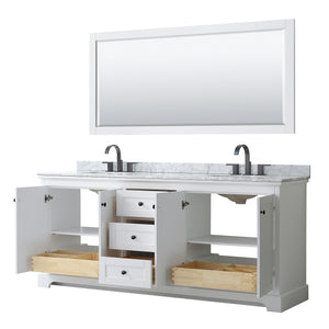 Avery 80 Inch Double Bathroom Vanity in White White Carrara Marble Countertop Undermount Oval Sinks Matte Black Trim 70 Inch Mirror