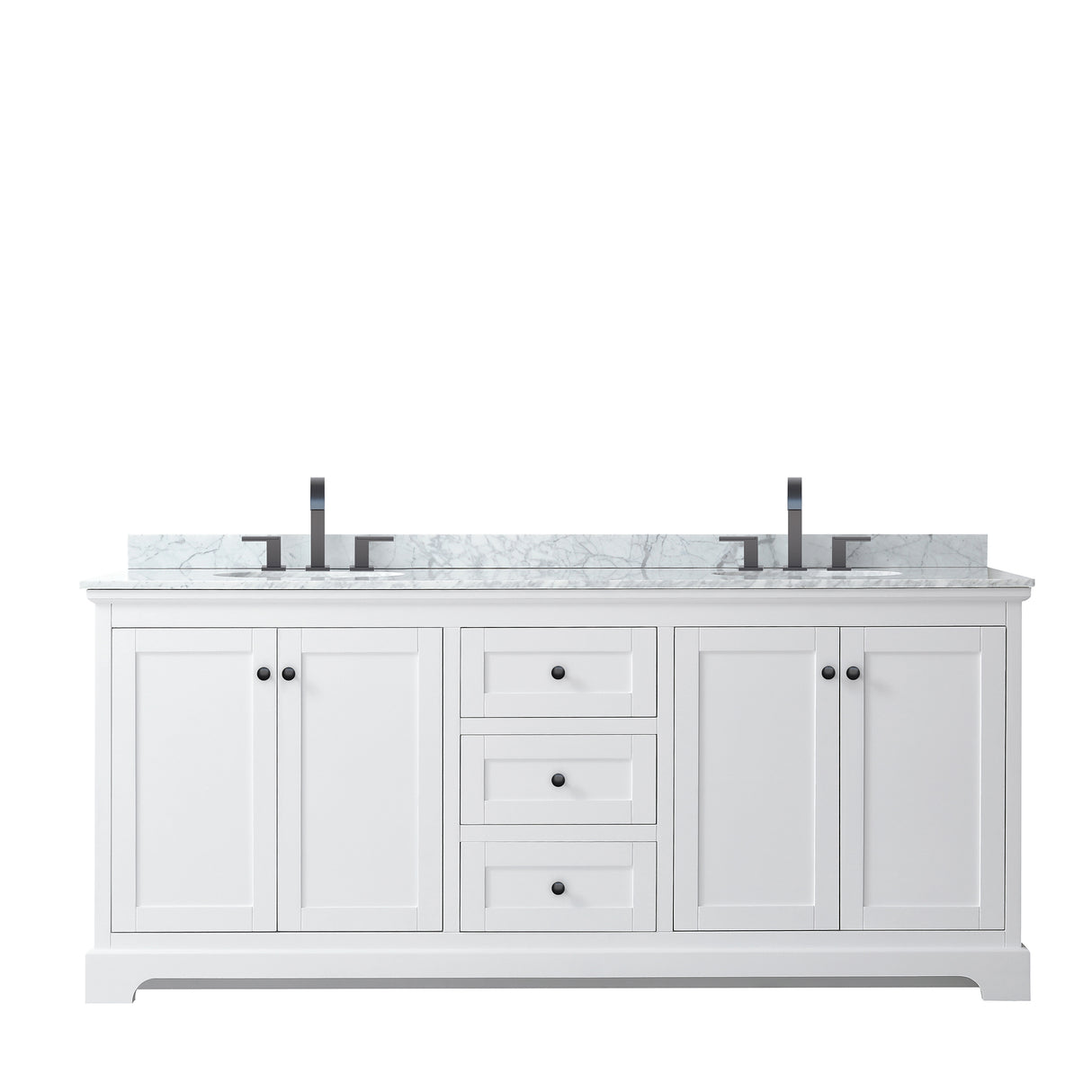 Avery 80 Inch Double Bathroom Vanity in White White Carrara Marble Countertop Undermount Oval Sinks Matte Black Trim