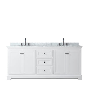Avery 80 Inch Double Bathroom Vanity in White White Carrara Marble Countertop Undermount Oval Sinks Matte Black Trim