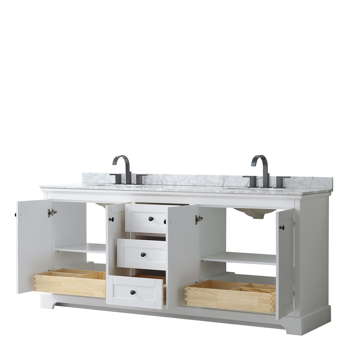 Avery 80 Inch Double Bathroom Vanity in White White Carrara Marble Countertop Undermount Oval Sinks Matte Black Trim