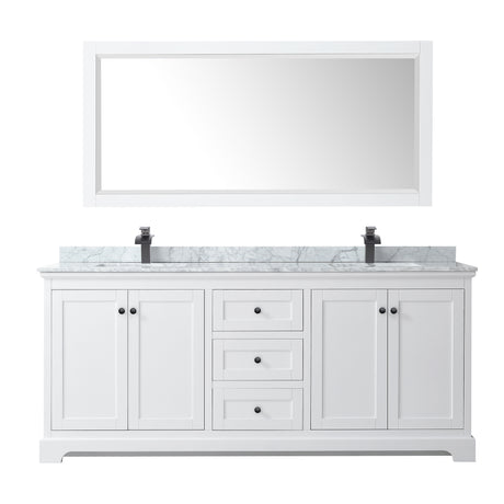 Avery 80 Inch Double Bathroom Vanity in White White Carrara Marble Countertop Undermount Square Sinks Matte Black Trim 70 Inch Mirror