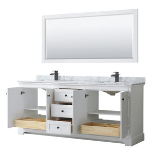 Avery 80 Inch Double Bathroom Vanity in White White Carrara Marble Countertop Undermount Square Sinks Matte Black Trim 70 Inch Mirror