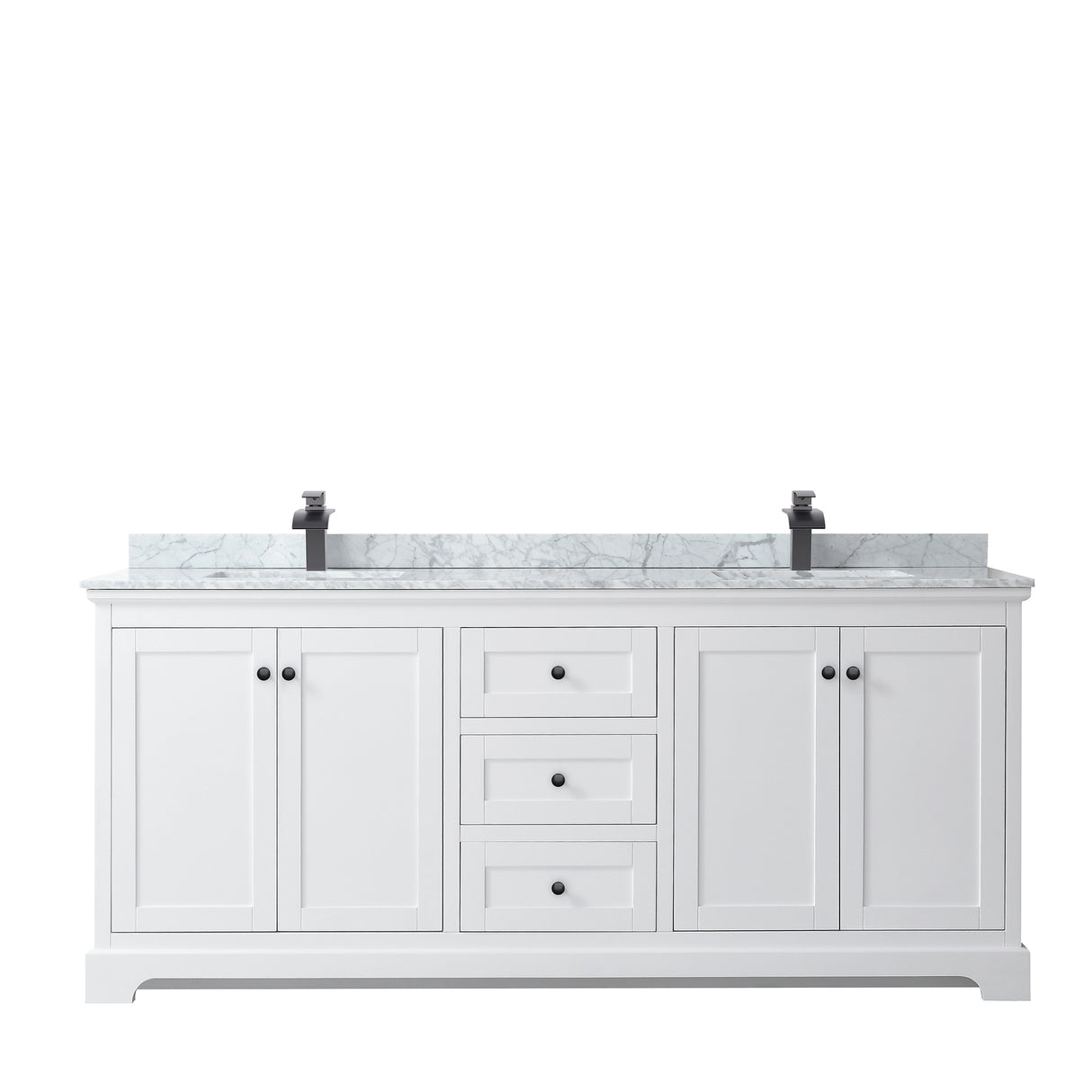 Avery 80 Inch Double Bathroom Vanity in White White Carrara Marble Countertop Undermount Square Sinks Matte Black Trim
