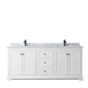 Avery 80 Inch Double Bathroom Vanity in White White Carrara Marble Countertop Undermount Square Sinks Matte Black Trim