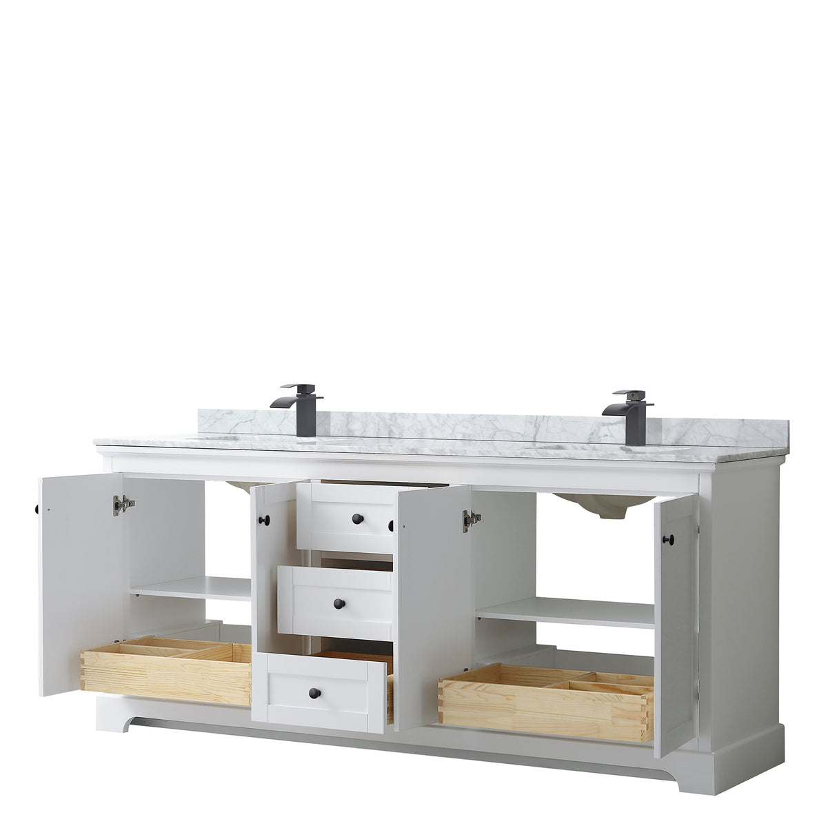 Avery 80 Inch Double Bathroom Vanity in White White Carrara Marble Countertop Undermount Square Sinks Matte Black Trim