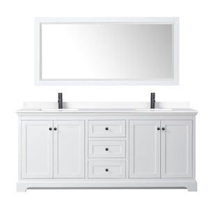 Avery 80 Inch Double Bathroom Vanity in White White Cultured Marble Countertop Undermount Square Sinks Matte Black Trim 70 Inch Mirror