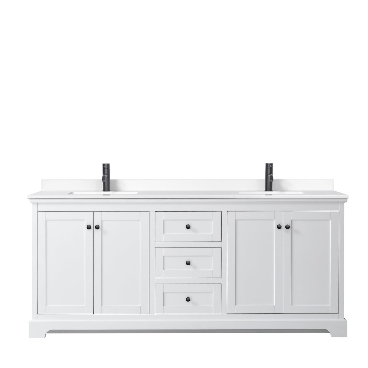 Avery 80 Inch Double Bathroom Vanity in White White Cultured Marble Countertop Undermount Square Sinks Matte Black Trim