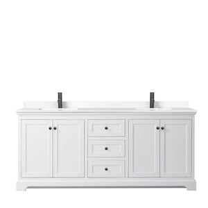 Avery 80 Inch Double Bathroom Vanity in White White Cultured Marble Countertop Undermount Square Sinks Matte Black Trim
