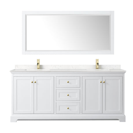 Avery 80 Inch Double Bathroom Vanity in White Carrara Cultured Marble Countertop Undermount Square Sinks Brushed Gold Trim