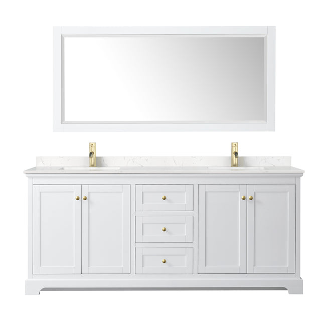 Avery 80 Inch Double Bathroom Vanity in White Carrara Cultured Marble Countertop Undermount Square Sinks Brushed Gold Trim