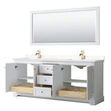 Avery 80 Inch Double Bathroom Vanity in White Carrara Cultured Marble Countertop Undermount Square Sinks Brushed Gold Trim