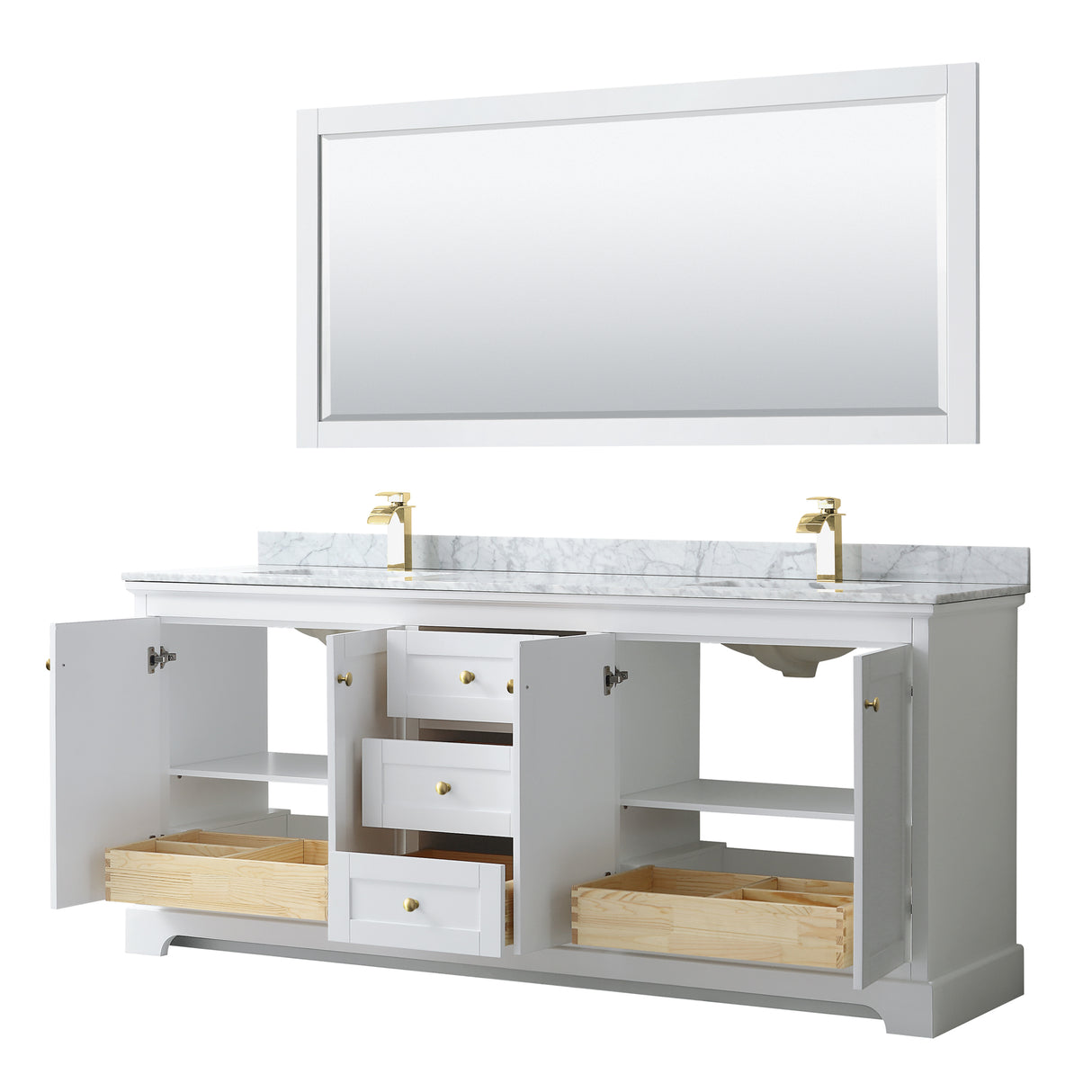 Avery 80 Inch Double Bathroom Vanity in White White Carrara Marble Countertop Undermount Square Sinks 70 Inch Mirror Brushed Gold Trim