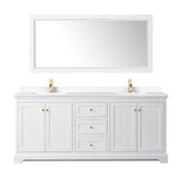 Avery 80 Inch Double Bathroom Vanity in White White Cultured Marble Countertop Undermount Square Sinks Brushed Gold Trim