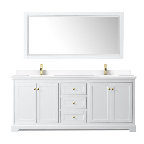 Avery 80 Inch Double Bathroom Vanity in White White Cultured Marble Countertop Undermount Square Sinks Brushed Gold Trim
