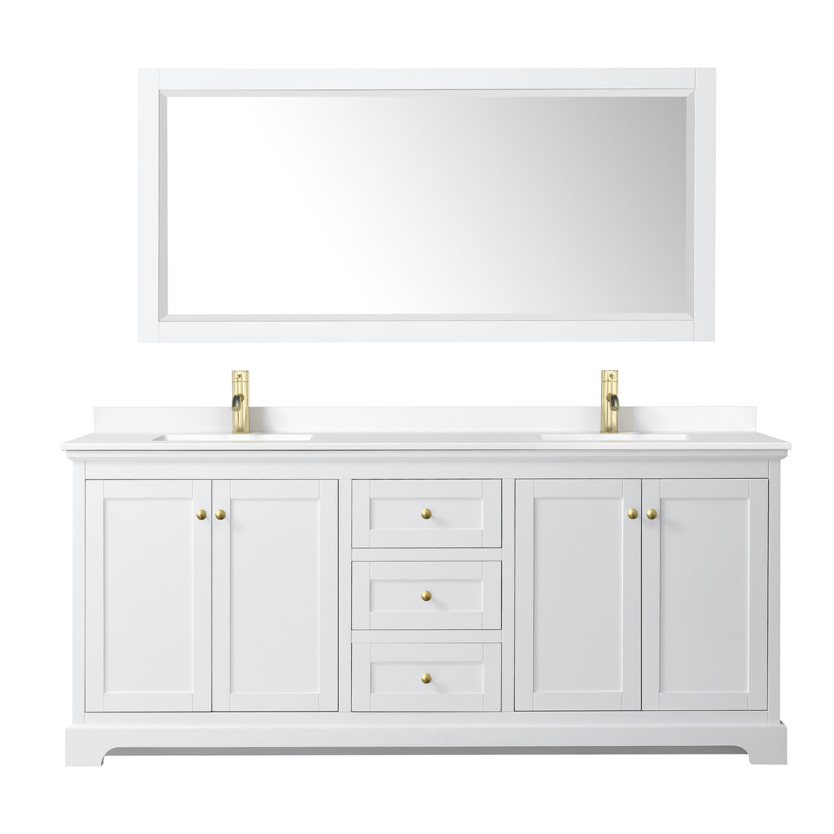 Avery 80 Inch Double Bathroom Vanity in White White Cultured Marble Countertop Undermount Square Sinks 70 Inch Mirror Brushed Gold Trim