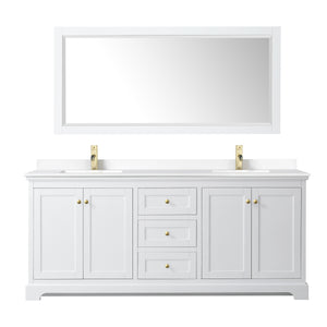 Avery 80 Inch Double Bathroom Vanity in White White Cultured Marble Countertop Undermount Square Sinks 70 Inch Mirror Brushed Gold Trim