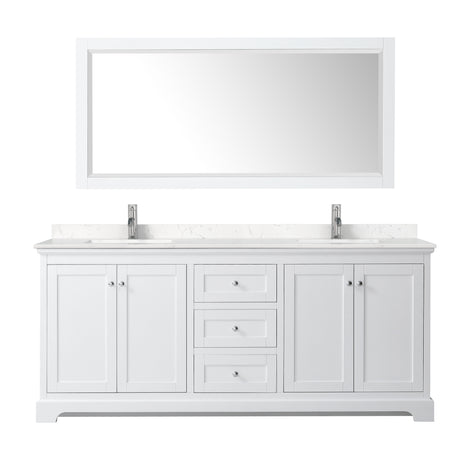 Avery 80 Inch Double Bathroom Vanity in White Carrara Cultured Marble Countertop Undermount Square Sinks 70 Inch Mirror