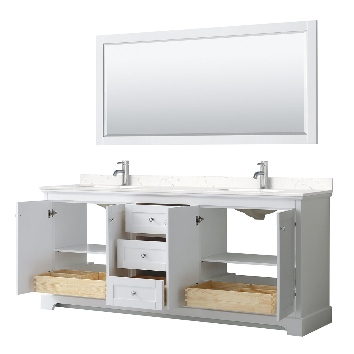 Avery 80 Inch Double Bathroom Vanity in White Carrara Cultured Marble Countertop Undermount Square Sinks 70 Inch Mirror