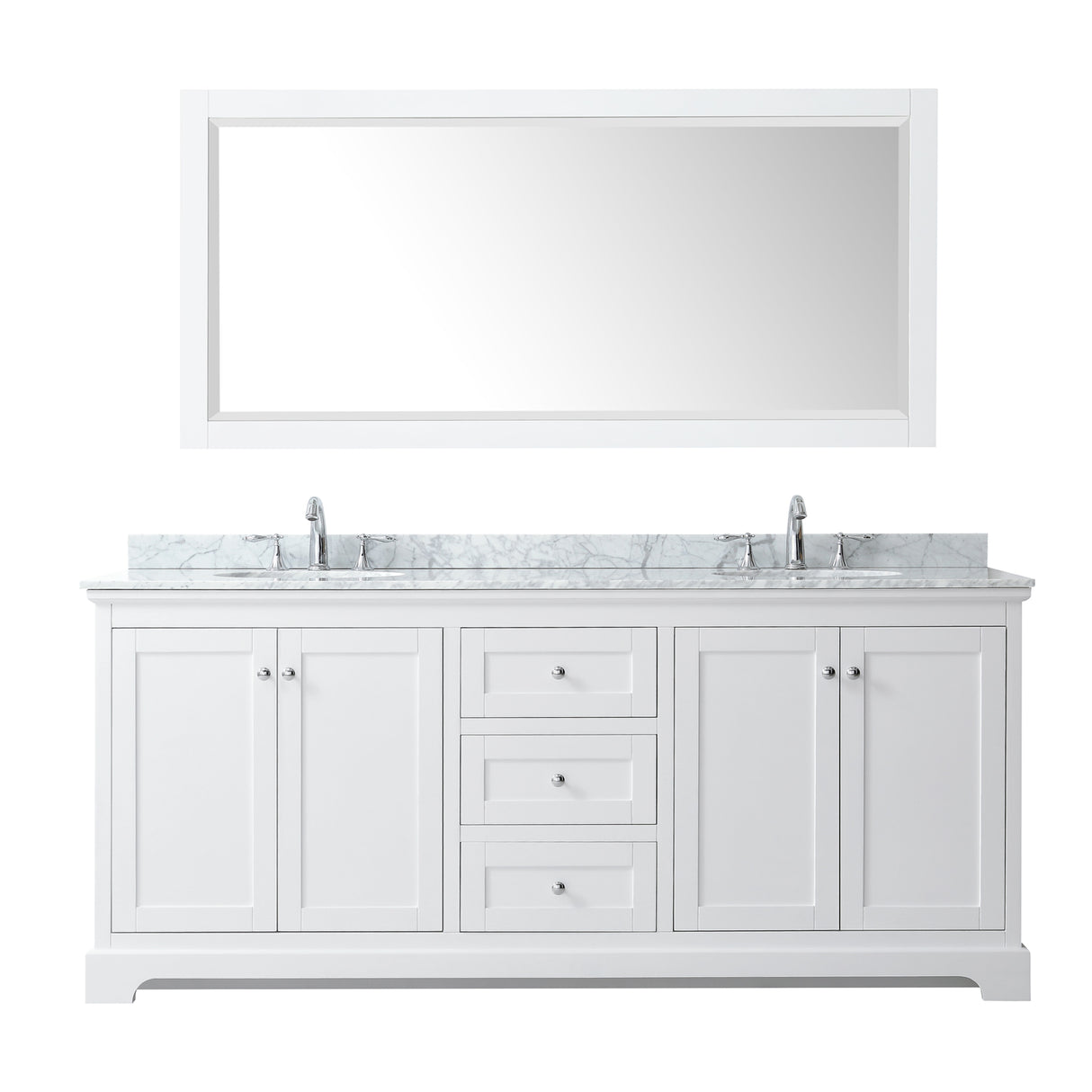 Avery 80 Inch Double Bathroom Vanity in White White Carrara Marble Countertop Undermount Oval Sinks and 70 Inch Mirror