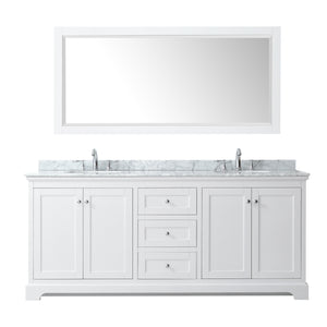 Avery 80 Inch Double Bathroom Vanity in White White Carrara Marble Countertop Undermount Oval Sinks and 70 Inch Mirror