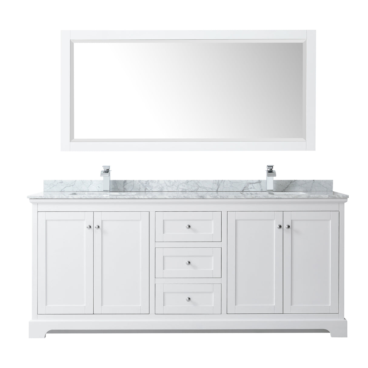 Avery 80 Inch Double Bathroom Vanity in White White Carrara Marble Countertop Undermount Square Sinks and 70 Inch Mirror