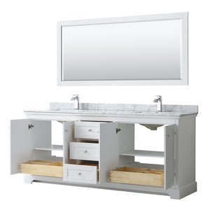 Avery 80 Inch Double Bathroom Vanity in White White Carrara Marble Countertop Undermount Square Sinks and 70 Inch Mirror