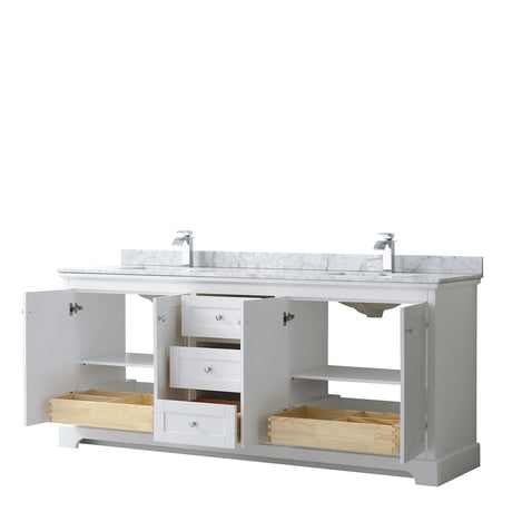 Avery 80 Inch Double Bathroom Vanity in White White Carrara Marble Countertop Undermount Square Sinks and No Mirror