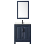 Daria 30 Inch Single Bathroom Vanity in Dark Blue Carrara Cultured Marble Countertop Undermount Square Sink Matte Black Trim 24 Inch Mirror