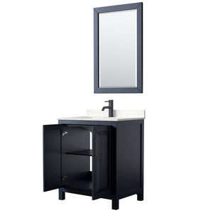 Daria 30 Inch Single Bathroom Vanity in Dark Blue Carrara Cultured Marble Countertop Undermount Square Sink Matte Black Trim 24 Inch Mirror