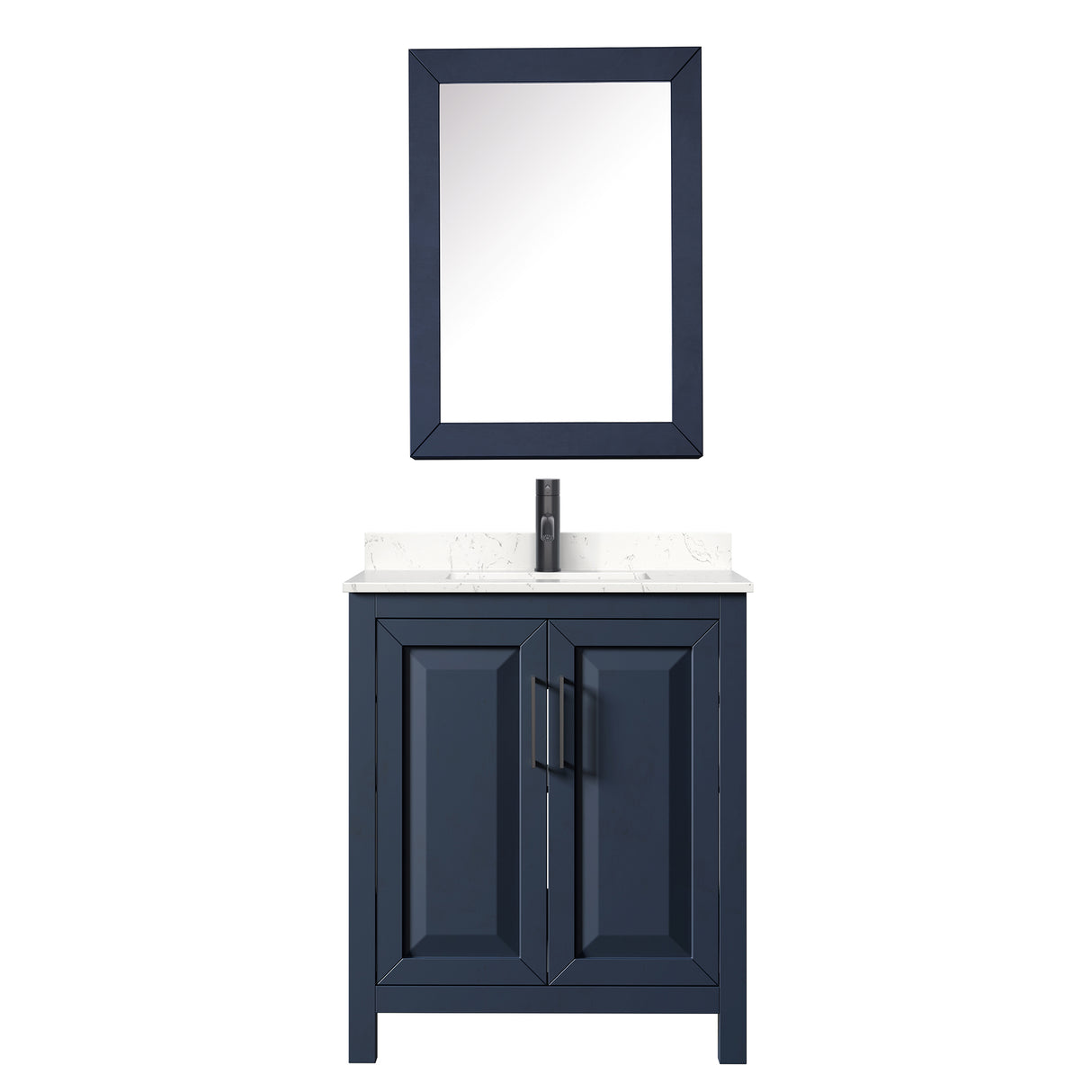 Daria 30 Inch Single Bathroom Vanity in Dark Blue Carrara Cultured Marble Countertop Undermount Square Sink Matte Black Trim Medicine Cabinet