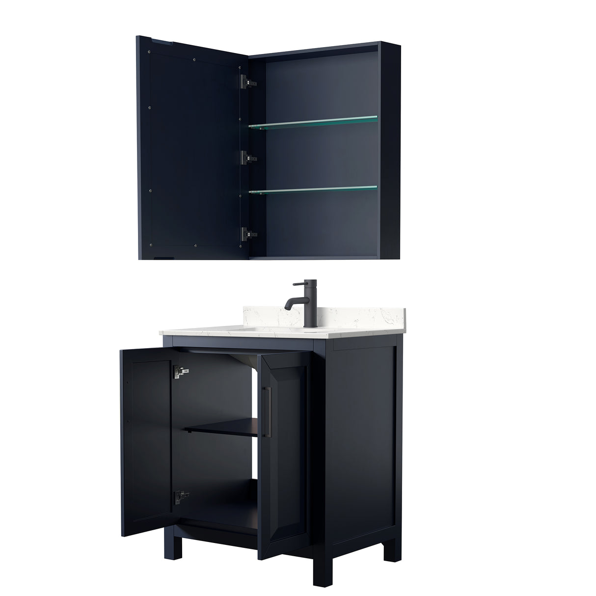 Daria 30 Inch Single Bathroom Vanity in Dark Blue Carrara Cultured Marble Countertop Undermount Square Sink Matte Black Trim Medicine Cabinet