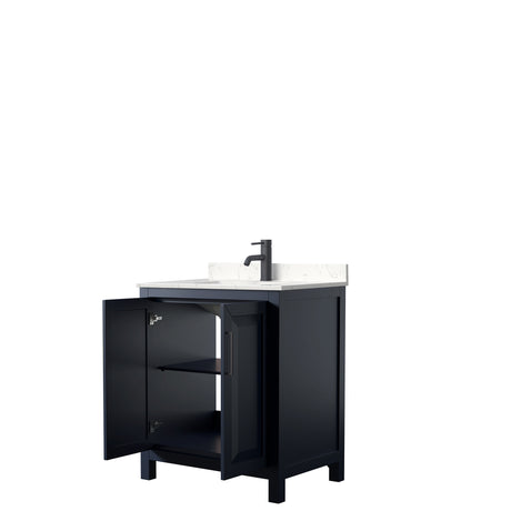 Daria 30 Inch Single Bathroom Vanity in Dark Blue Carrara Cultured Marble Countertop Undermount Square Sink Matte Black Trim
